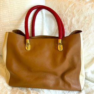 Cole Haan leather Tote bag purse - camel and ivory, with red woven straps